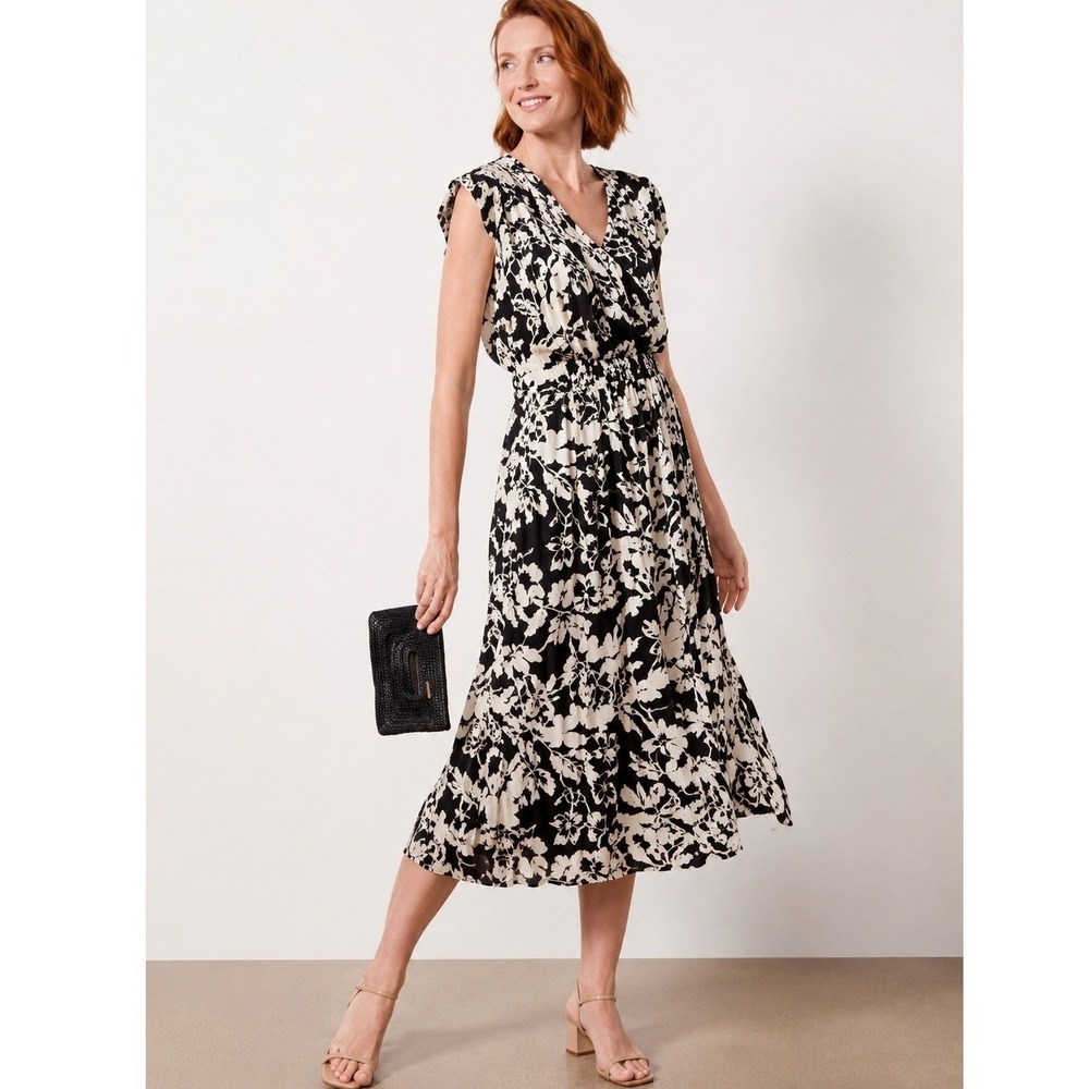 Evereve Black Cream Floral V-Neck Cap Sleeve Midi Dress Slit Viscose  XL